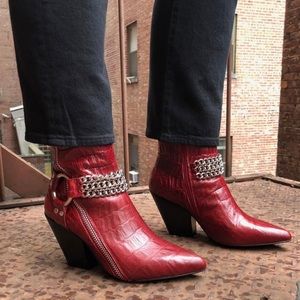 Jeffrey campbell red crocodile print booties with chain straps